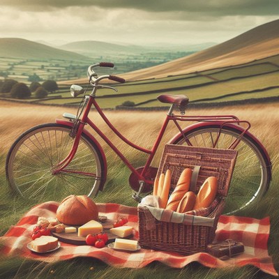A red bike rests by a picnic basket on a blanket