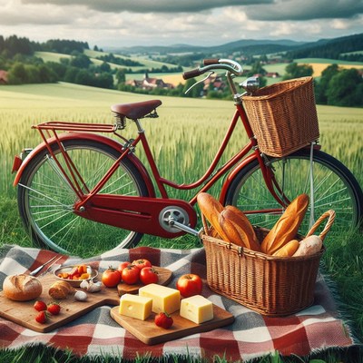 A red bicycle sits beside a picnic in a green field