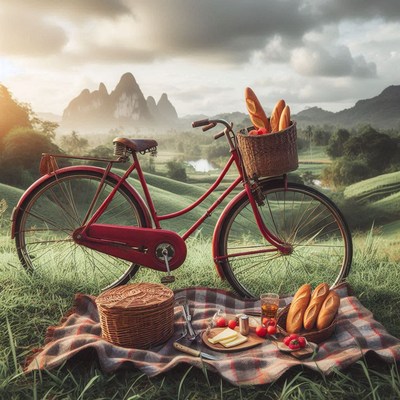 A red bicycle sits by a picnic in the countryside