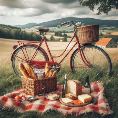 A red bicycle sits next to a picnic blanket in a field