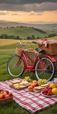 A red bicycle rests by a picnic blanket in a green field