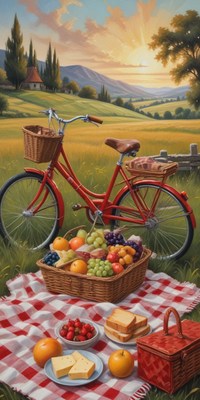 A red bicycle sits beside a picnic blanket in a grassy field