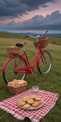 Red bike in a field with snacks and a blanket