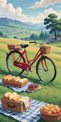 A red bicycle rests near a picnic in the countryside