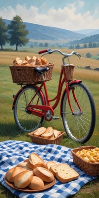 A red bicycle sits in a field with a basket of bread