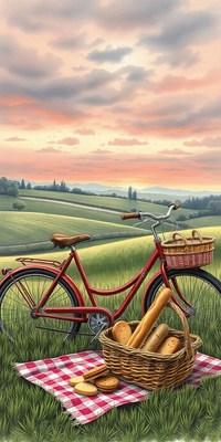 Red bike in field with picnic basket and blanket