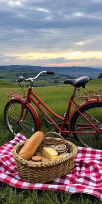 A red bicycle rests on a picnic blanket in a field