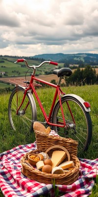 Red bike and picnic basket await countryside fun!