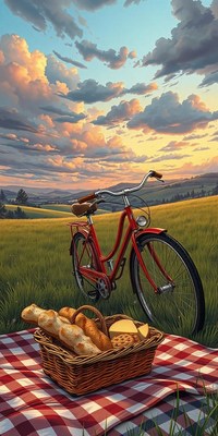 A red bicycle is parked in a field of tall grass