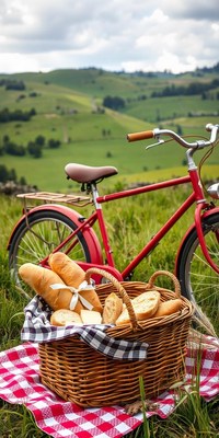Picnic basket on a checkered blanket by a bike