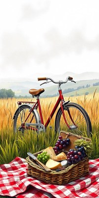 A red bicycle sits in a field of wheat, ready for a picnic