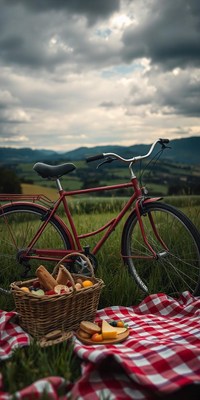 A red bike rests beside a picnic blanket in a field