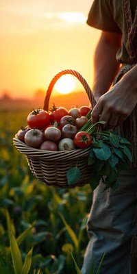 Farmer with fresh tomatoes and onions at sunset