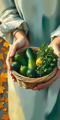 A woman holds a basket of freshly picked zucchini and herbs