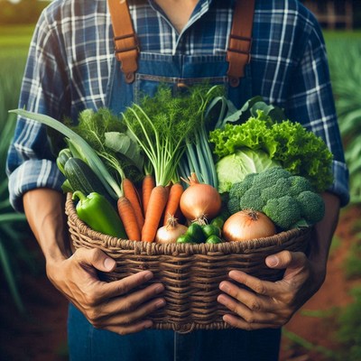 A farmer holds a basket of fresh vegetables