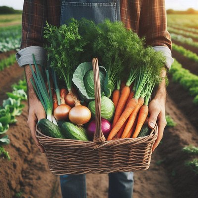 A farmer holds a basket of freshly picked vegetables