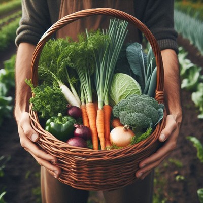 A farmer holds a basket of fresh vegetables in a garden