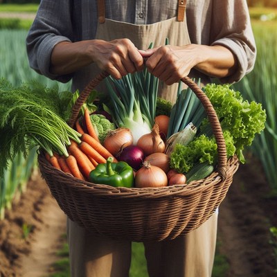 A farmer holds a basket of fresh vegetables in a field