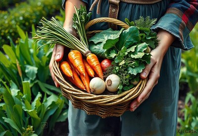 Person holds a basket of fresh garden veggies