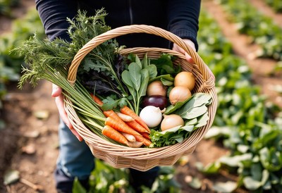 A farmer with a basket of fresh garden produce