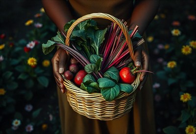 A person holds a basket of beets in a garden