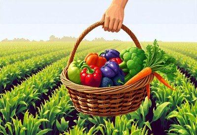 Peppers, broccoli, and carrots, in a field of green crops