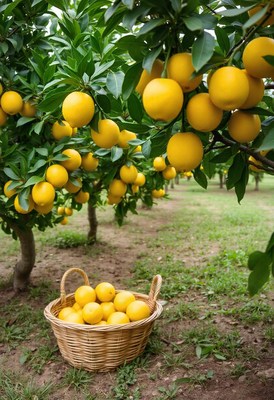 A basket of ripe lemons sits in a grove