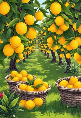 A sunny orchard with ripe oranges hanging from branches