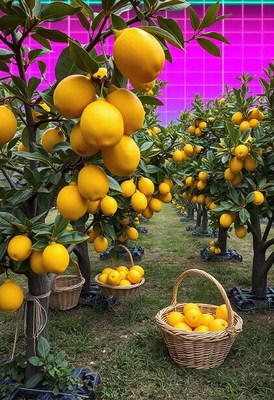 Ripe lemons hang from trees in a sunny orchard