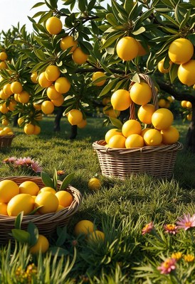 A basket of lemons sits in a sunny orchard