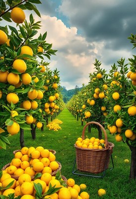 A sunny lemon orchard with ripe lemons in baskets