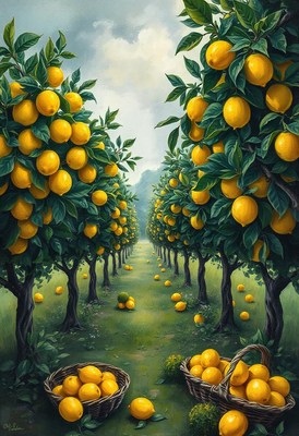 Rows of lemon trees line a grassy path leading into a grove