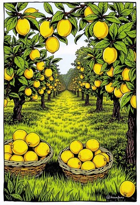 A row of lemon trees in a sunny orchard