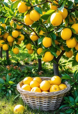 Ripe lemons in a basket under a lemon tree