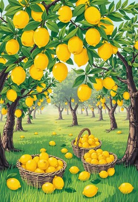 A lemon orchard with ripe fruit and baskets full of lemons