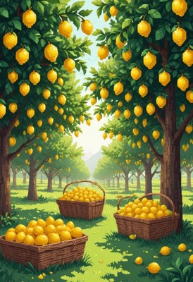 Lemon trees in a grove are laden with fruit