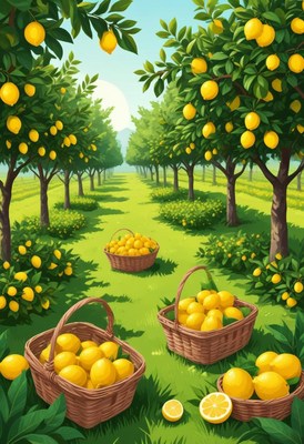Baskets full of lemons sit in a lush lemon grove