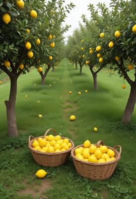 A sunny lemon orchard with baskets full of ripe lemons