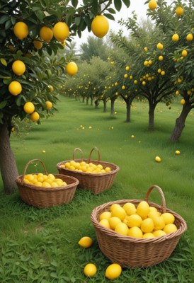 Lemon Harvest in Orchard with Baskets