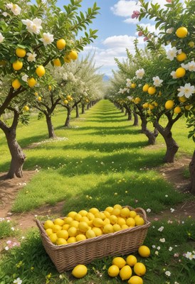A basket of ripe lemons sits in a sunny lemon orchard