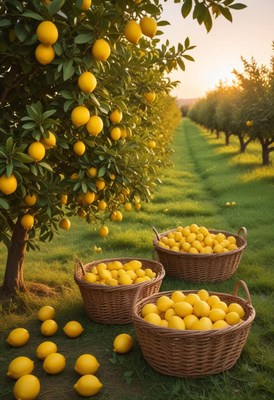Lemons in baskets at a lemon orchard during a warm sunset
