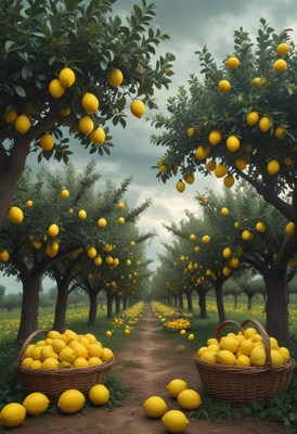 A path leads through a grove of lemon trees