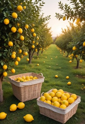 Fresh lemons in baskets in a lemon orchard