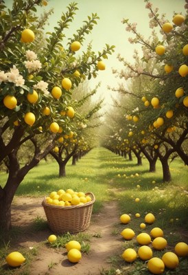 A basket of lemons sits in a lemon orchard
