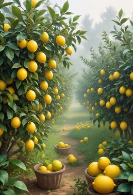 A foggy lemon grove with baskets of ripe lemons