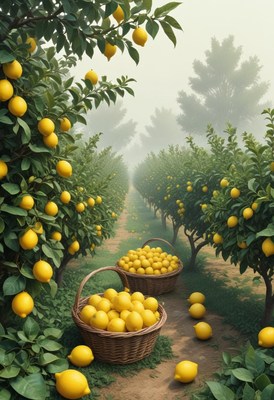 Wicker baskets full of lemons sit in a foggy citrus grove