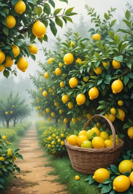 A basket of lemons sits beneath a lemon tree in a grove