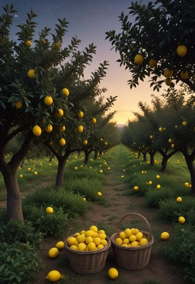 Two baskets of lemons sit in a lemon orchard at dusk