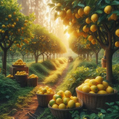 A path through a lemon grove at sunset