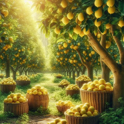 A lemon orchard with baskets of ripe fruit on a sunny day